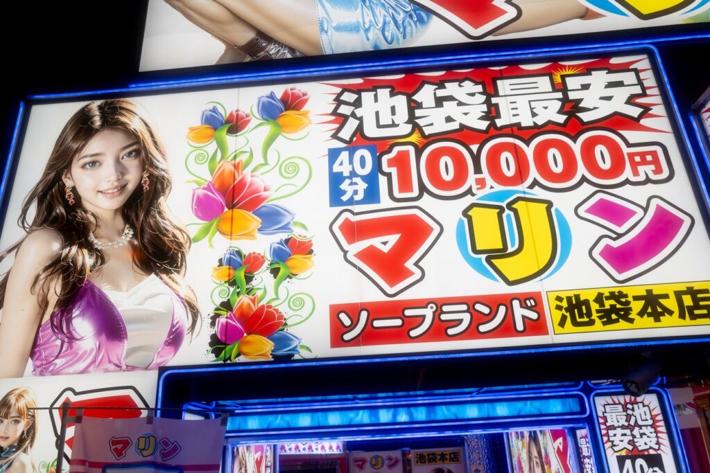Colorful neon sign in Tokyo's vibrant Ikebukuro district, showcasing nightlife and entertainment options.